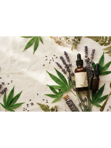 Elegant botanical flat lay with cannabis leaves, amber glass jars of tinctures, and dried lavender, arranged on a cream linen cloth, soft indirect daylight creating gentle shadows, warm editorial photography, shallow depth of field, 35mm, wide panoramic frame with subject on right.