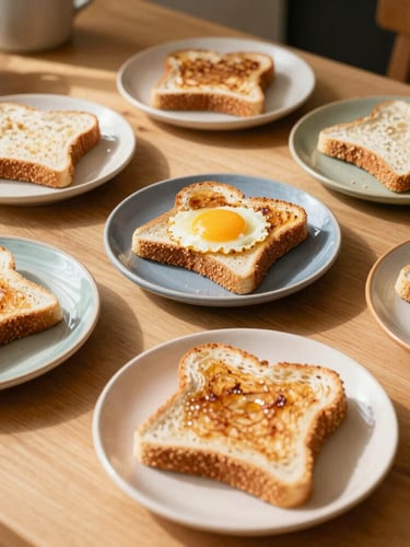 Overhead table spread of a messy breakfast with half-eaten toast on colorful stoneware plates, warm direct morning sunlight casting soft shadows, cozy kitchen interior