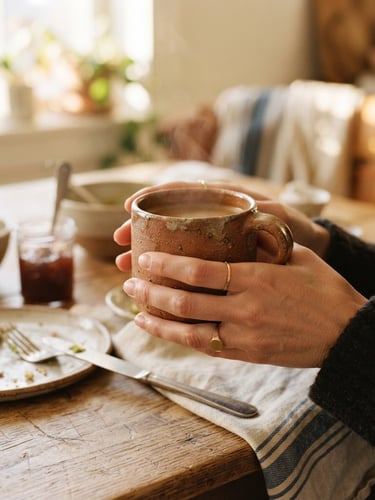 A warm, sun-drenched close-up of a heavy terracotta mug cradled in hands on a messy breakfast wooden table, morning sunlight casting soft shadows, 35mm