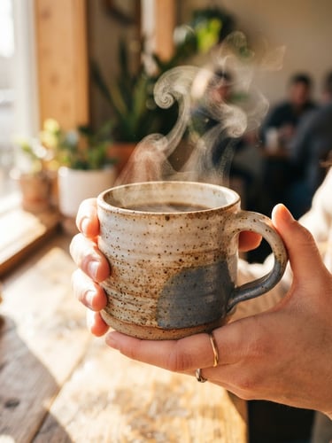 Warm direct morning sunlight casting soft shadows on a hand-thrown ceramic mug cradled in hands, steam rising, shallow depth of field, 35mm