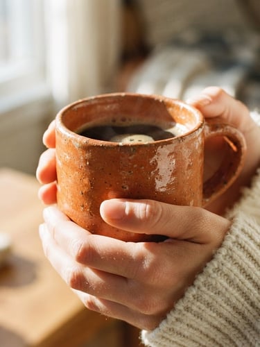 Tight macro shot of a heavy, warm terracotta-glazed ceramic mug cradled in hands, direct bright morning sunlight casting soft shadows, 35mm photography