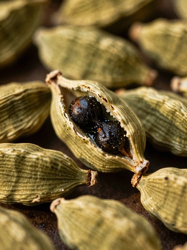 Macro close-up of cracked green cardamom pods showing glistening, volatile oil-rich black seeds, warm golden-hour side lighting, shallow depth of field, 35mm film