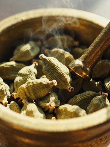Macro shot of fresh green cardamom pods being crushed in a brass mortar, golden hour sunlight highlighting volatile oils misting, 35mm film