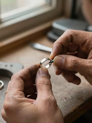 Close-up of a jeweler's soot-stained hands carefully filing a delicate silver ring mold under warm window light