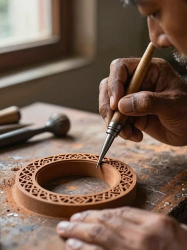 Macro close-up of a master Balinese artisan carving an intricate wax ring mold under warm window side-light, graphite tools resting nearby.