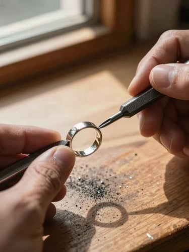 Tight macro shot of a jeweler's hands using a fine steel file to shape a silver ring shank, warm side-light from a workshop window casting long shadows across a wooden workbench covered in graphite dust.