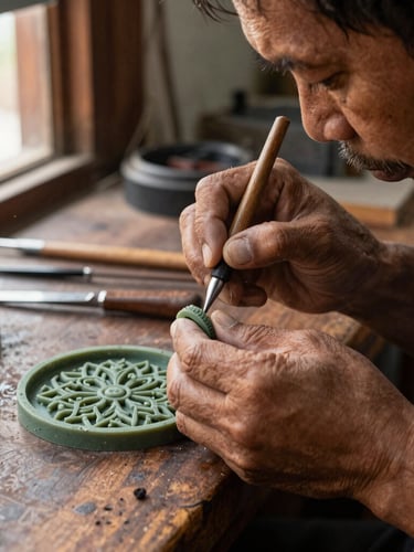 Macro close-up of a master Balinese jeweler's hands carefully carving an intricate ring mold from green wax at a wooden workbench, warm side-lighting from a workshop window.