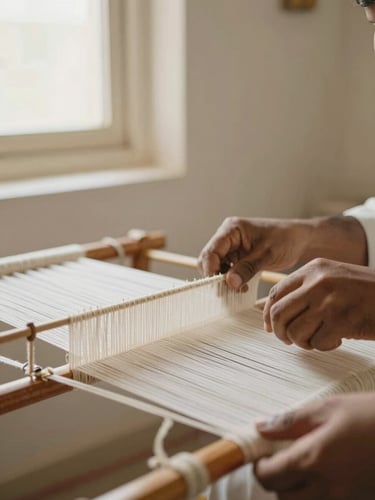 An artisan's hands working on a traditional wooden pit loom in Rajasthan, soft natural window light illuminating the delicate ivory warp threads, 35mm