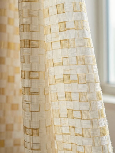 Macro detail shot of translucent ivory and gold handwoven fabric held against soft morning window light, showcasing the precise square checkered khat weave pattern with subtle irregularities of human hands.