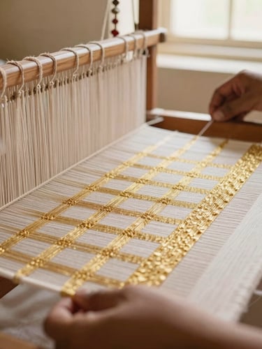 Close-up macro detail of hands operating a traditional wooden pit loom in Rajasthan, weaving fine gold zari threads into a checkered pattern, warm natural light.