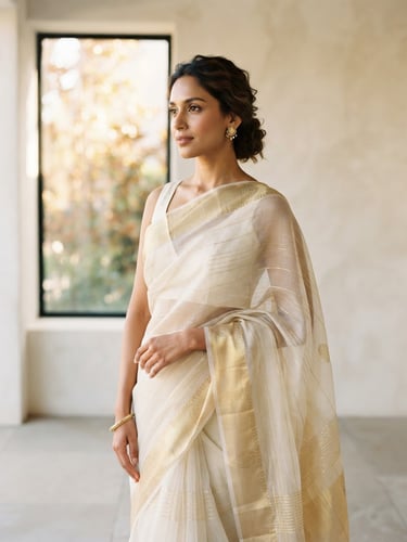 Elegant portrait of a model in a translucent ivory and gold Kota Doria saree draped beautifully, soft natural window light, shallow depth of field, minimalist architectural backdrop.