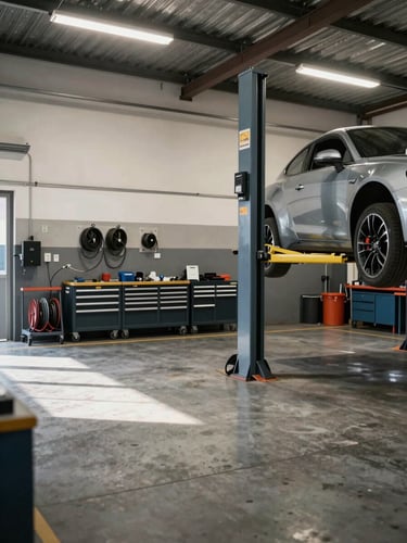 Wide panoramic shot inside a Tenerife automotive workshop, a two-post vehicle lift fully loaded with a car elevated in the right third, floor-mounted tool cabinets and air hose reels visible along the far wall, harsh fluorescent overhead lighting casting sharp shadows on the concrete floor, no people, industrial and real