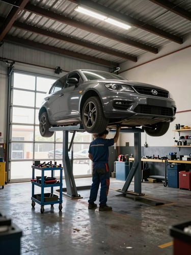Wide shot of a professional workshop bay in Tenerife, a car lift loaded with a vehicle at full height, mechanic working underneath with tools on a rolling cart beside them, north-facing garage door light mixing with overhead fluorescents, industrial and purposeful