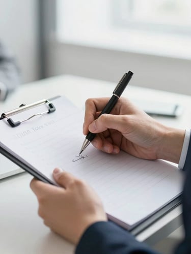 Close-up of professional moderator hands writing notes on a clipboard during an active research session, soft daylight, sharp focus, 35mm