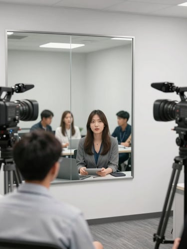 A modern, clean focus group observation room with a double-sided mirror, professional recording equipment, bright neutral office lighting, 35mm.