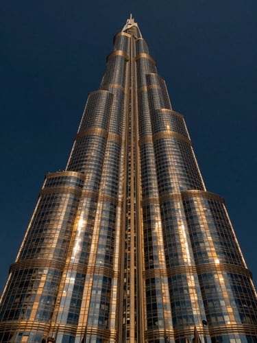 Extreme wide-angle architectural shot of a modern Dubai skyscraper at twilight, golden hour reflections on curved glass facades, deep navy sky background, cinematic composition.
