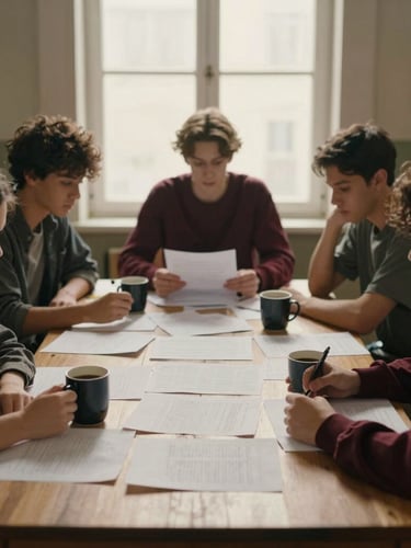 A group of media students collaborating around a wooden table covered in script drafts and coffee mugs, soft window lighting, unposed candid framing