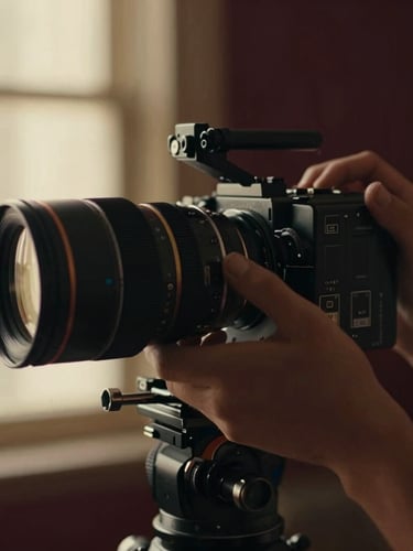 Close-up shot of a student's hands adjusting the focus ring on a cinema lens, warm dramatic window lighting, shallow depth of field, cinematic 35mm film photography.