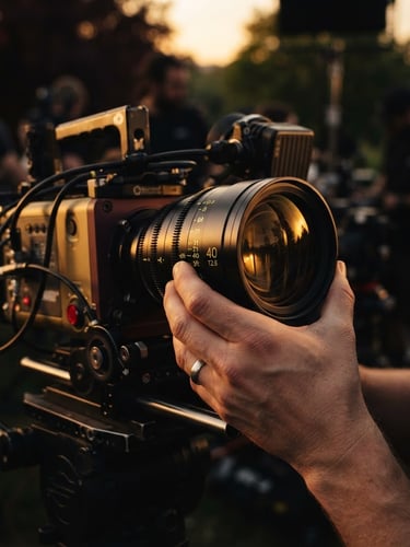 Close-up of hands adjusting a cinema lens on a camera rig, warm golden hour light reflecting off the glass, cinematic film photography style.