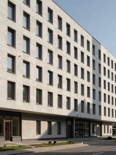 Modernaus minimalistinio dizaino pastato fasadas Vilniaus centre, švari dienos šviesa, stiklo ir betono tekstūros, erdvi kompozicija.