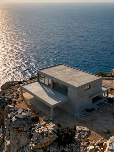 Cinematic wide-angle aerial shot of a minimalist concrete villa perched on a rugged North Cyprus cliff, golden hour light reflecting off the deep blue Mediterranean sea below.