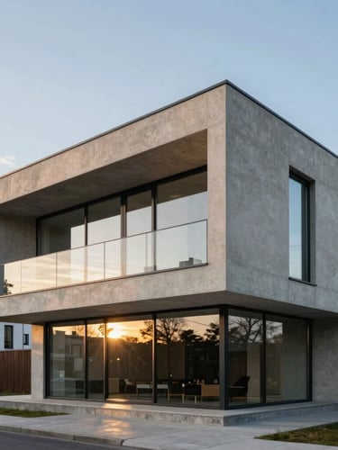 Minimalist modern concrete and glass villa facade in Vilnius, sharp architectural lines, soft golden hour light reflecting on glass, wide framing.