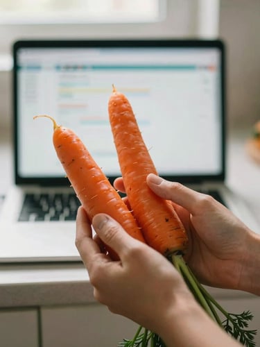 Close-up portrait of hands holding a freshly picked organic vegetable (e.g., a vibrant carrot or bell pepper) in a sunlit modern kitchen, with a blurred background of a laptop screen showing research data, soft natural daylight, shallow depth of field, rich earthy tones, 35mm film aesthetic.