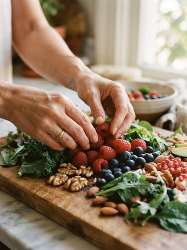Warm editorial photograph of hands gently arranging fresh, whole ingredients like vibrant berries, leafy greens, and nuts on a wooden cutting board, soft natural daylight, shallow depth of field, 35mm film aesthetic, kitchen counter background.