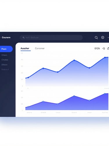 Flat orthographic software UI mockup displaying an analytical dashboard with telemetry charts, blue and purple gradient lines, crisp dark UI elements on a clean white background, soft drop shadows.