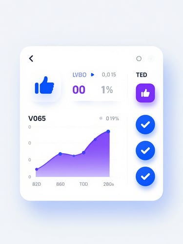 A clean, high-fidelity software UI mockup of a productivity dashboard, displaying upvote counters, telemetry graphs, and verified badges with vibrant blue and purple accents on a pure white canvas.