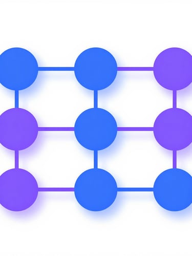 Flat orthographic view of an AI workflow mapping tool, showing nodes connecting with glowing purple and blue visual paths, clean light interface with soft drop shadows