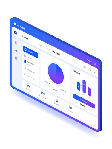 High-fidelity software UI mockup of an AI agent orchestration dashboard, vibrant blue and purple accents, crisp vector lines, flat orthographic view
