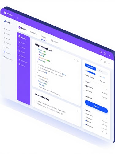 Crisp vector illustration of a developer dashboard interface, showing high-fidelity code execution blocks, purple accent highlights, and clean data visualizations on a clean white background.