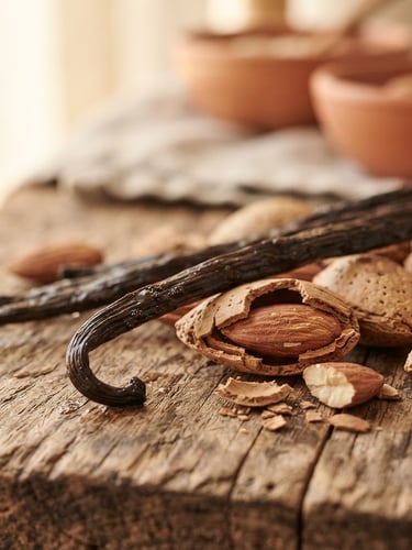 Close-up portrait of raw vanilla beans and cracked almonds on a rustic wooden surface, warm diffused side-light, shallow depth of field, muted cream and terracotta tones.