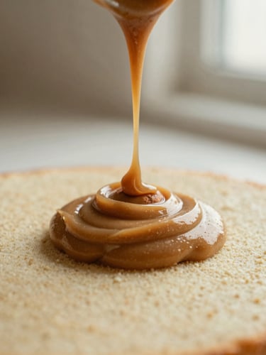 A tight editorial macro shot of stone-ground almond butter being slowly drizzled onto a raw cake base, warm diffused side-light, muted cream and terracotta tones, shallow depth of field, 35mm