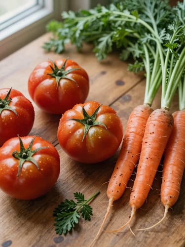 Overhead flat-lay of raw heirloom tomatoes, soil-dusted carrots, and fresh herbs on a rustic wooden table, soft natural window light, 35mm photography