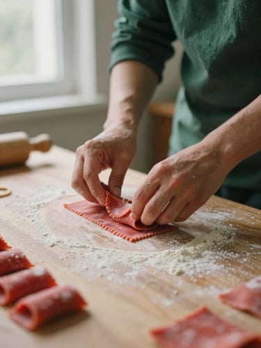 Editorial close-up of hands preparing fresh handmade pasta on a wooden table, soft natural window light, 35mm photography