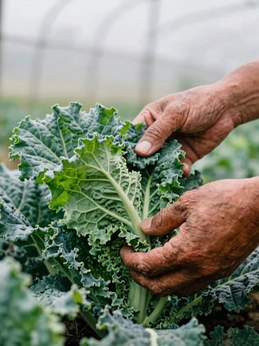 Close-up of weathered hands gently sorting freshly harvested green kale leaves in an overcast outdoor farm setting, soft natural light, 35mm