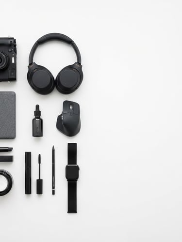Crisp product photography, seamless white background, bright studio lighting, high contrast, sharp focus, 50mm lens, a minimalist arrangement of various trending products like makeup, small electronics, and accessories, organized neatly on a pure white surface, with ample negative space to the right, monochrome aesthetic.