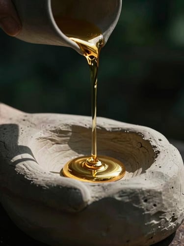 Moody editorial jewelry photography, macro shot of molten recycled 14k gold being poured into a hand-carved clay mold, deep shadows, high-contrast side lighting, dark forest green background, 35mm