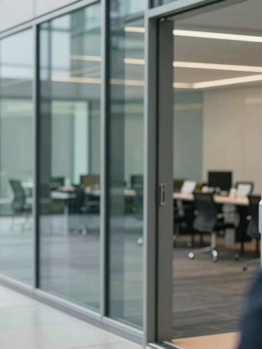 Wide architectural perspective of a modern glass office partition, clean lines, cool daylight reflecting on steel surfaces, over-the-shoulder view of a structured interview in progress, blurred background.