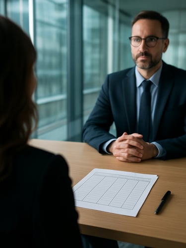 Wide over-the-shoulder shot of a structured corporate interview in a bright, modern glass-walled meeting room, cool daylight, sharp focus on a structured evaluation document on the table.