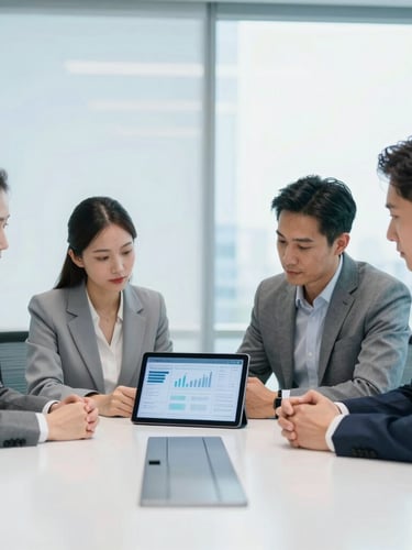 Crisp corporate photography of a modern high-end office boardroom, bright natural light with cool blue ambient fills, professional executives collaborating around a clean digital interface tablet.