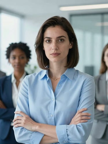 A professional portrait of a diverse female executive in a bright, modern corporate environment, cool blue ambient light, focused and authoritative expression.