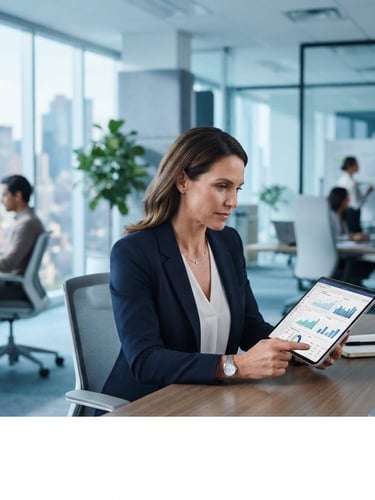 Crisp corporate photography of a modern collaborative workspace with bright natural office light, a professional executive reviewing data on a tablet, cool blue tones, shallow depth of field.