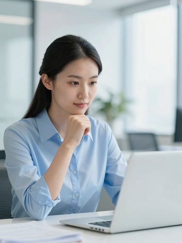 A professional sitting in a bright corporate workspace looking thoughtfully at a laptop screen, cool blue tones, shallow depth of field, modern office environment.