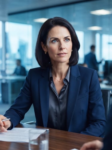 A clean, professional close-up of a focused female executive in a bright, modern corporate office with cool blue ambient tones, shallow depth of field