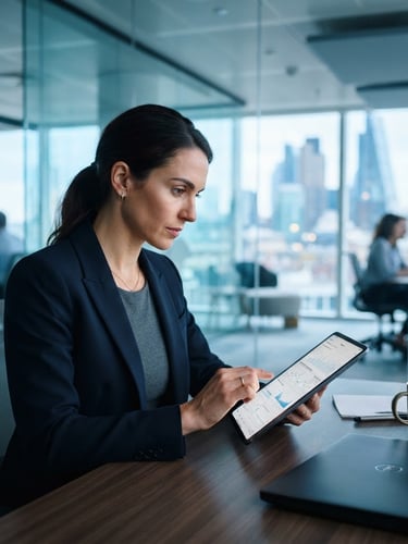 Crisp corporate photography of a bright, modern glass-walled office with cool blue tones, showing a focused professional analyzing technical data on a tablet, shallow depth of field.