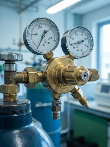 Close-up of a professional gas regulator with brass fittings and pressure gauges, sharp focus, clean industrial lighting