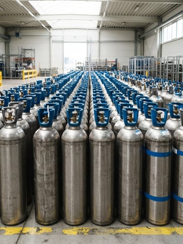 Industrial steel gas cylinders lined up in a bright, clean warehouse, metallic textures, safety blue accents, high-contrast daylight